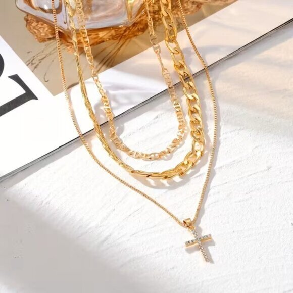 Gold Layered Chain Necklace Cross Pendant Choker Statement Fashion Faith Jewelry - Picture 4 of 6